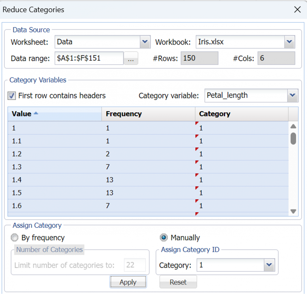 Reduce Categories Dialog Example 3