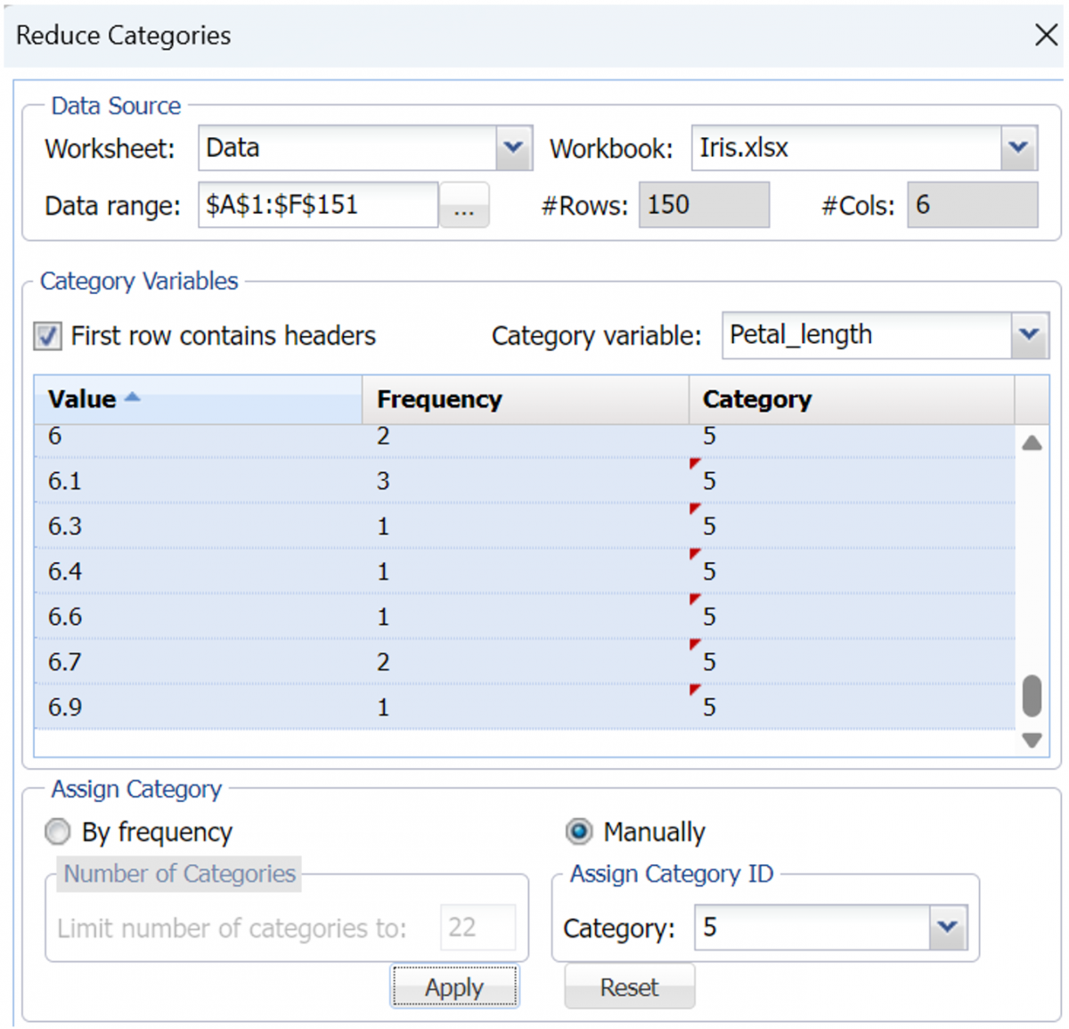 Reduce Categories Dialog Example 3 