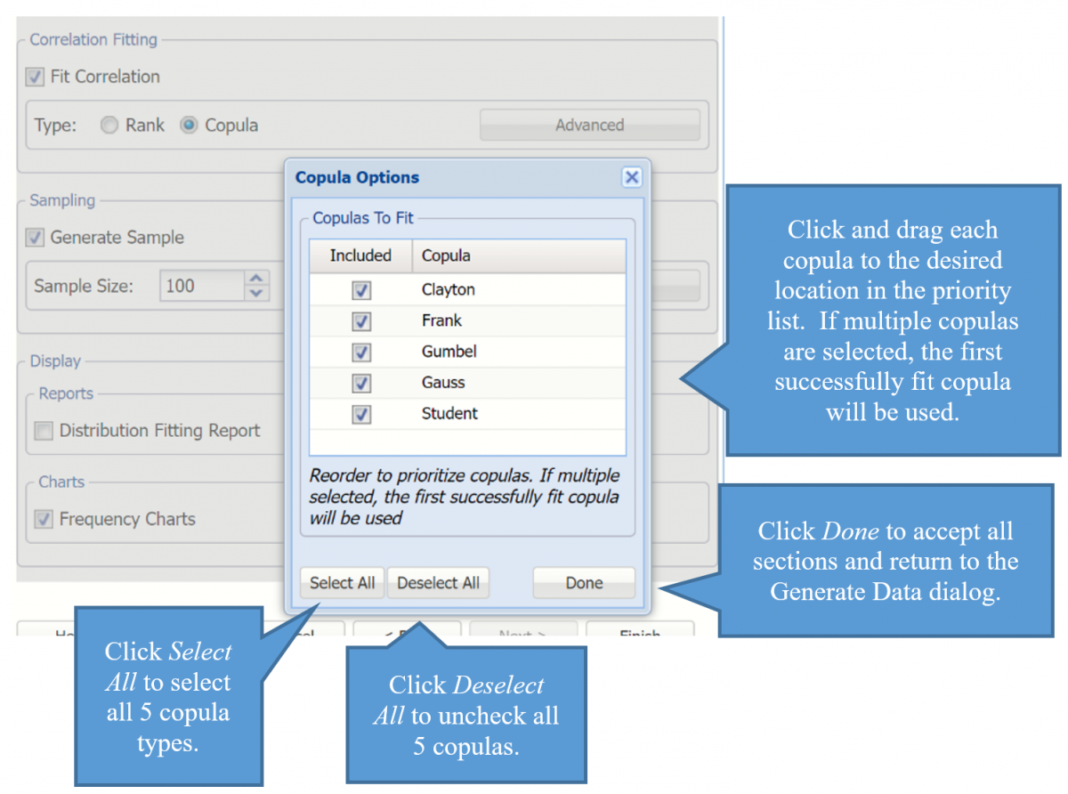 Correlation Fitting section of the Generate Data dialog