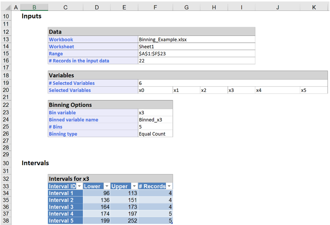 Bin Continuous Data Inputs Output