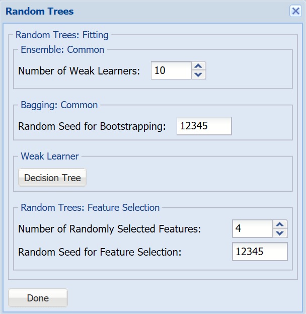 Random Trees Parameter Dialog
