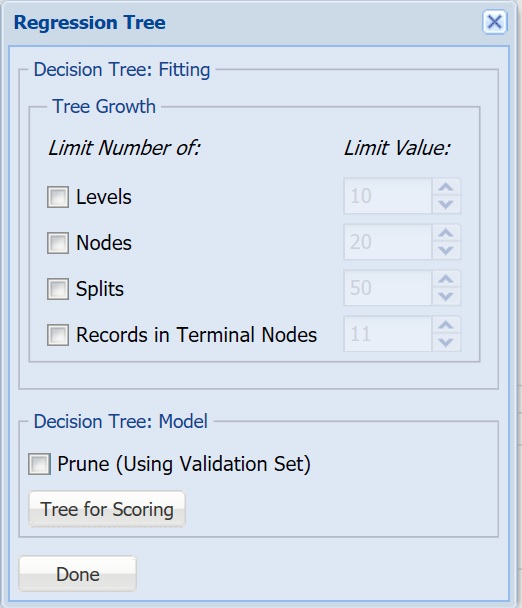 Regression Tree Parameters Dialog