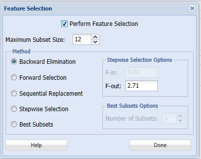 Logistic Regression - Feature Selection Dialog