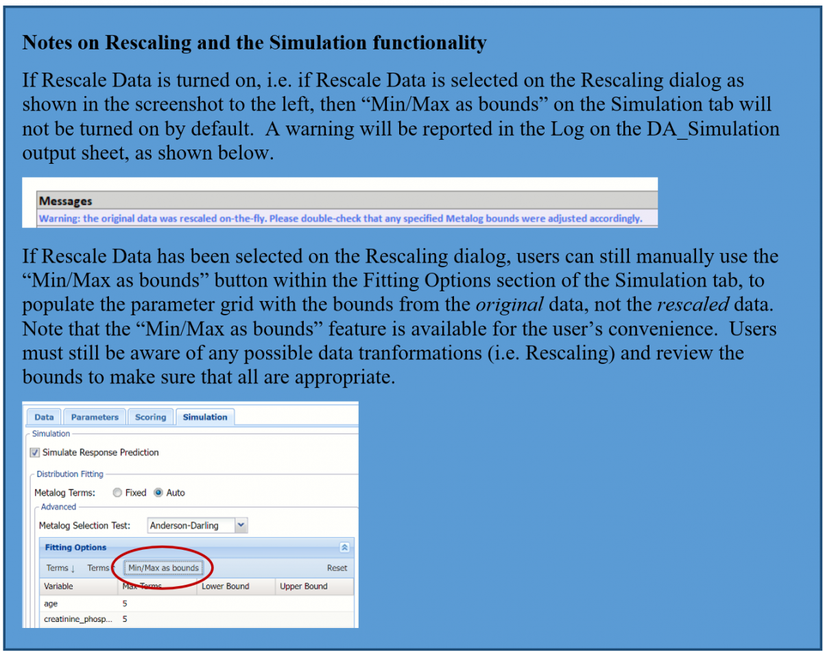 Analytic Solver Data Mining: Notes on Rescaling and Simulation functionality