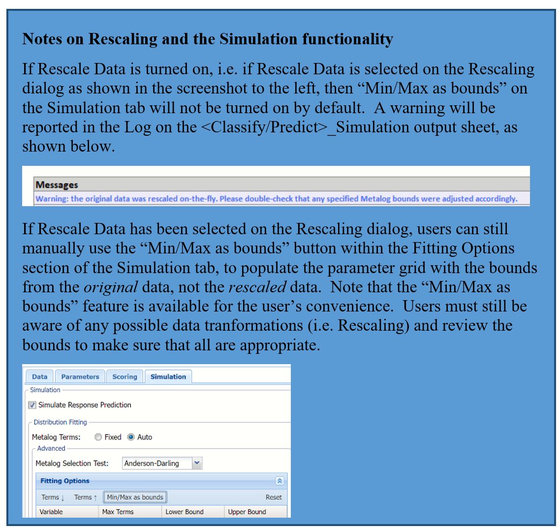 Analytic Solver Data Mining: Notes on Rescaling and the Simulation functionality