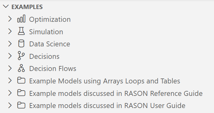 RASON Desktop Examples pane showing sample RASON models organized by model type