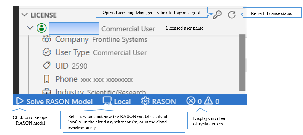 RASON Desktop License pane and Solve RASON Model command in Visual Studio Code.