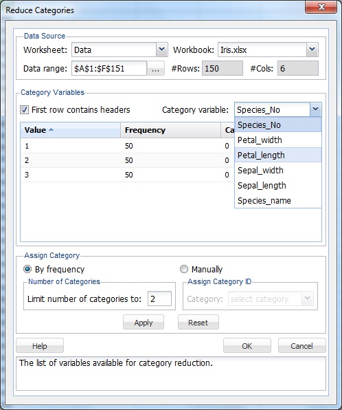 Reduce Categories Dialog with Category Variable Dropdown Menu