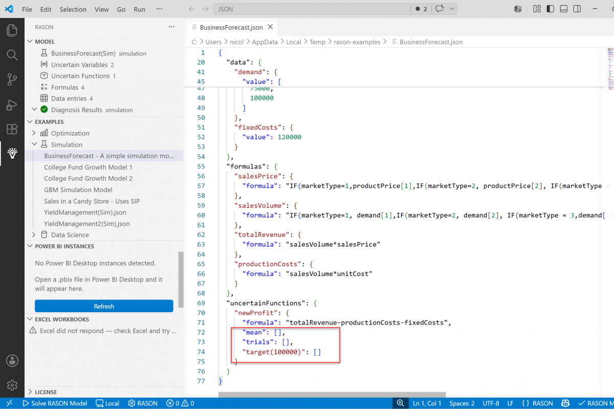 RASON Desktop Extension shown with Business Forecast example