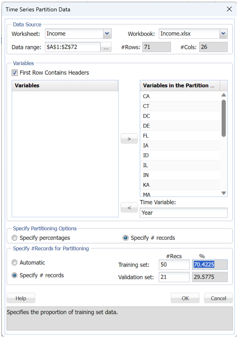 Analytic Solver Data Mining: Time Series Partitioning Dialog