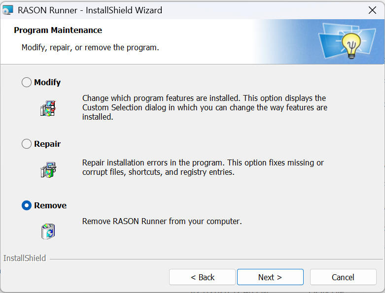 RASON Desktop: RASON Runner uninstall dialog