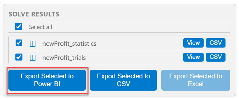 Click Export Selected to Power BI to export Solve Results to Power BI report
