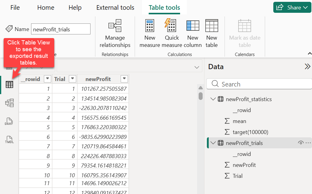 Click Table View to view the exported results