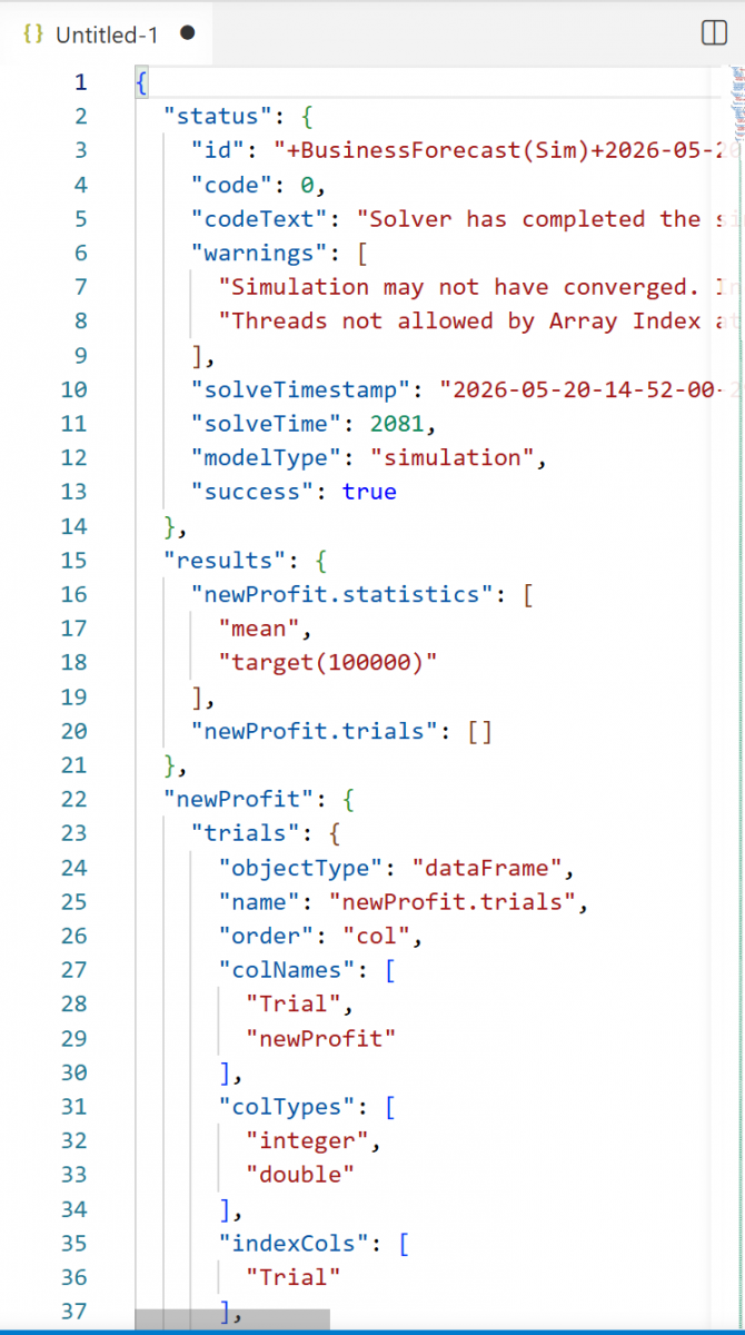 Simulation results shown in JSON form
