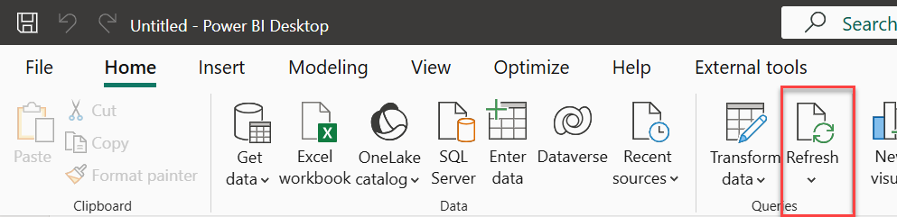 Power BI Ribbon calling out Refresh icon