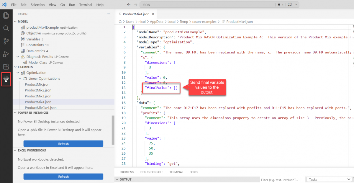 RASON Desktop extension shown with open RASON example model, ProductMix4.json