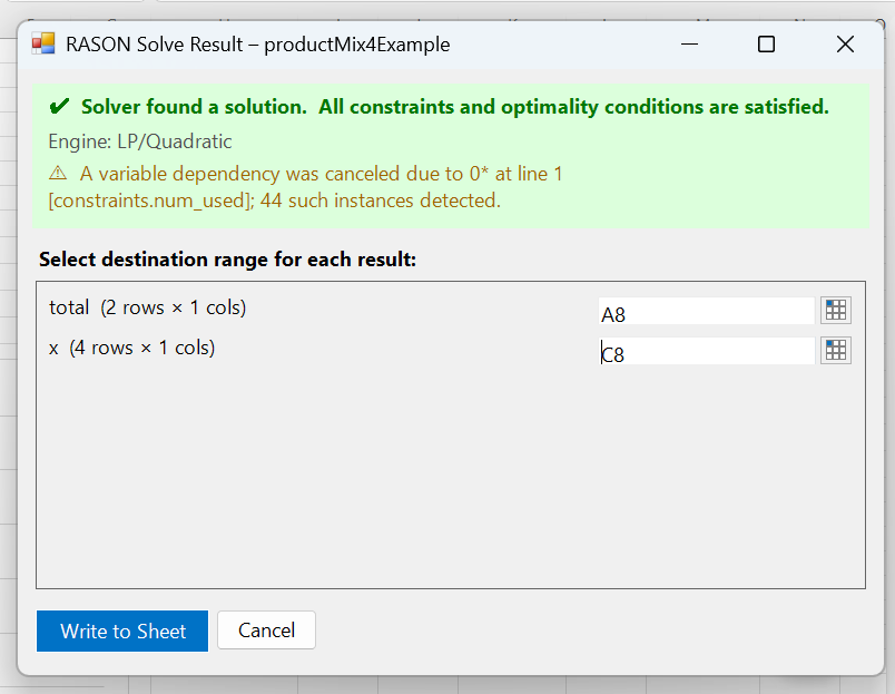 RASON Solve Result dialog