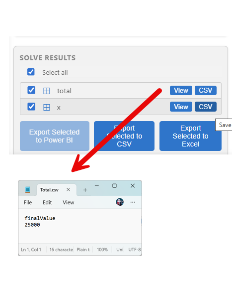 View Solve Results by clicking View to open the Dataframe viewer within Visual Studio Code