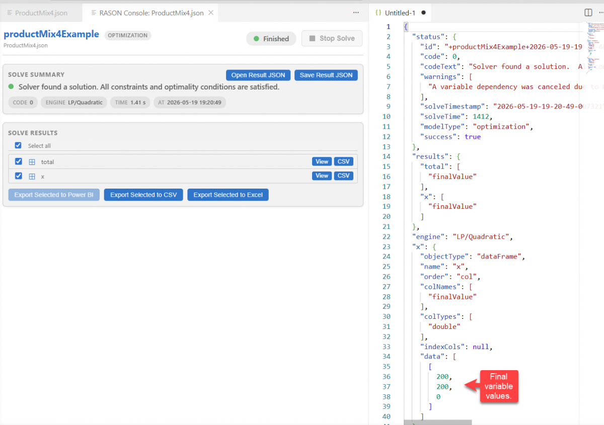 Click Open Result JSON to view the Solver results in JSON within Visual Studio Code.